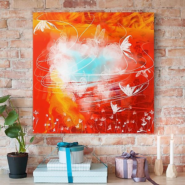 Leinwandbild Abstrakt - Quadrat Red Grunge with Butterflies günstig online kaufen