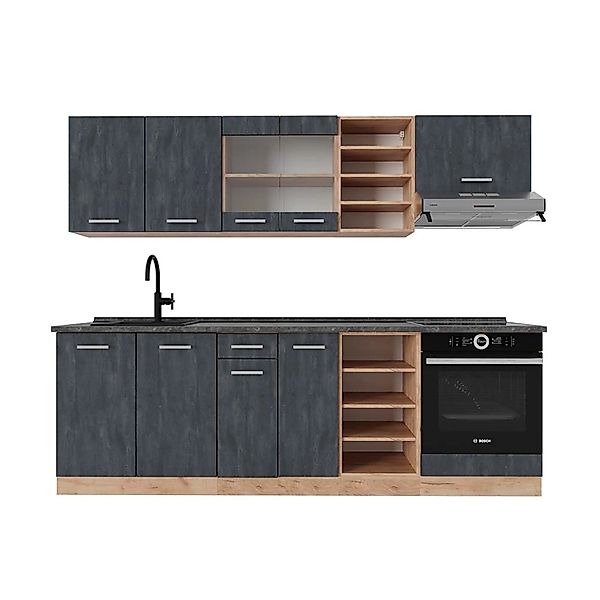Vicco R-Line Komplettküche Schwarz Beton/Goldkraft Eiche 240 cm AP Anthrazi günstig online kaufen