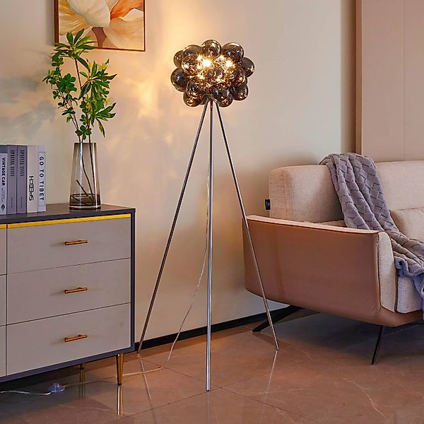 Lucande Stehleuchte Diborah, rauchgrau, Glas, 150 cm, G9 günstig online kaufen