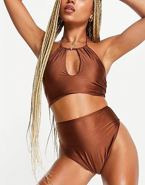 ASOS DESIGN – Mix and Match – Glatte Bikinihose mit hohem Bund in Braun günstig online kaufen