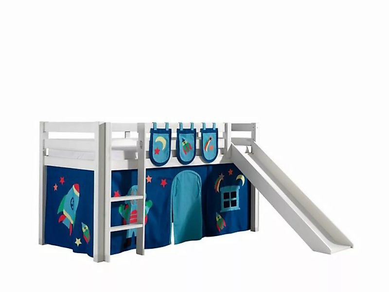 Natur24 Kinderbett Spielbett Pino mit Rutsche und Textilset Kiefer Weiß günstig online kaufen