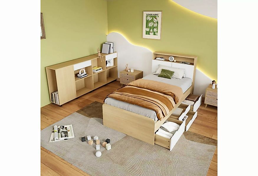 Flieks Kinderbett, Schlafzimmer-Set Einzelbett 90x200cm mit Schrank 222x34x günstig online kaufen