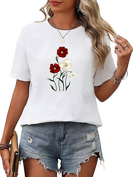 PYL Kurzarmshirt Damen Sommer Casual T-Shirt mit Blumen Print Tee günstig online kaufen