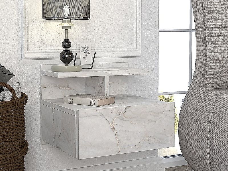 Nachttisch hängend - 1 Schublade - Marmor-Optik weiß - AZELNO günstig online kaufen