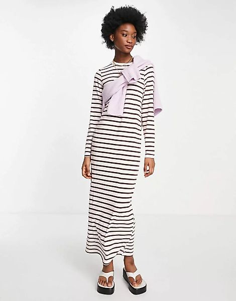 ASOS DESIGN – Langärmliges Maxi-T-Shirt-Kleid in Rosa mit braunen Streifen günstig online kaufen