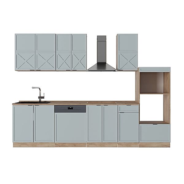 Vicco Fame-Line Küchenzeile Hellblau-grau/Goldkraft Eiche 300 cm mit Hochsc günstig online kaufen