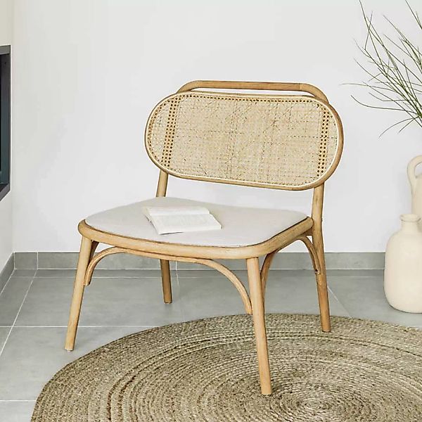 Lounge Sessel in Beige Rattangeflecht und Ulme Massivholz günstig online kaufen