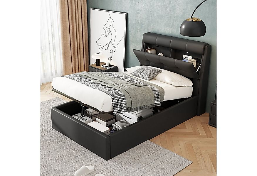 Flieks Polsterbett, Hydraulisches Stauraumbett Einzelbett 90x200cm Kunstled günstig online kaufen
