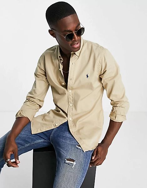 Polo Ralph Lauren – Schmal geschnittenes Twill-Hemd in Hellbraun mit Marken günstig online kaufen
