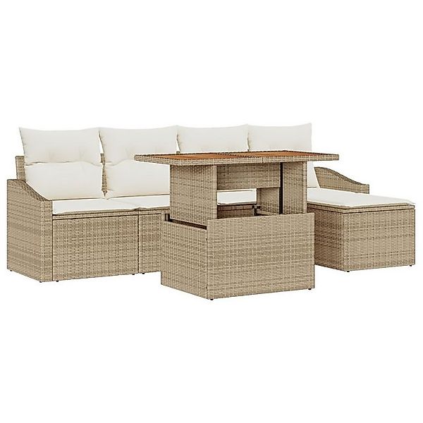 vidaXL Loungesofa 6-teiliges Garten Essgruppen Set mit Kissen Beige Poly Ra günstig online kaufen