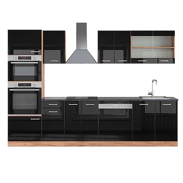 Vicco R-Line Küchenzeile Schwarz Hochglanz/Goldkraft Eiche 300 cm mit Hochs günstig online kaufen