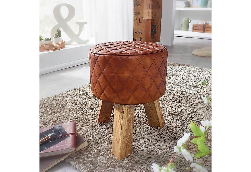 Wohnling Sitzhocker WL6.090 Echtleder 35x46x35 cm Fußhocker Rund Lederhocke günstig online kaufen