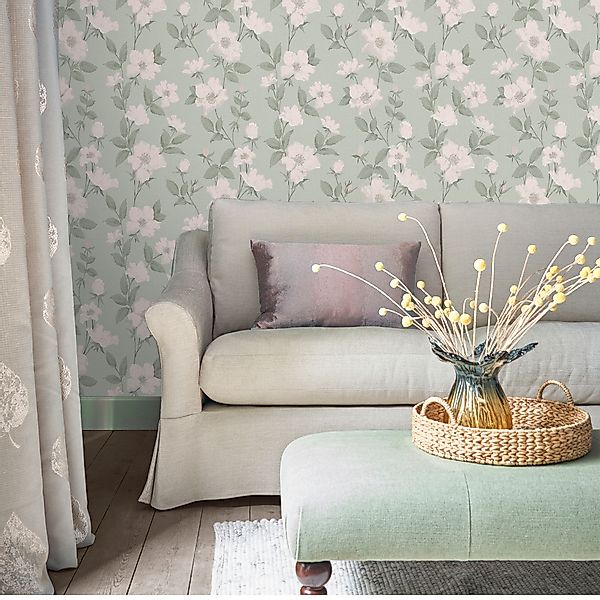 LAURA ASHLEY Vliestapete »Laura Ashley Fleurir Smoke Green Vliestapete«, ge günstig online kaufen