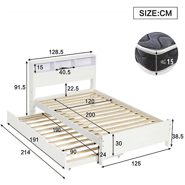 Flieks Holzbett, Kinderbett 120x200cm mit Ladefunktion & LED, Ausziehbett 9 günstig online kaufen