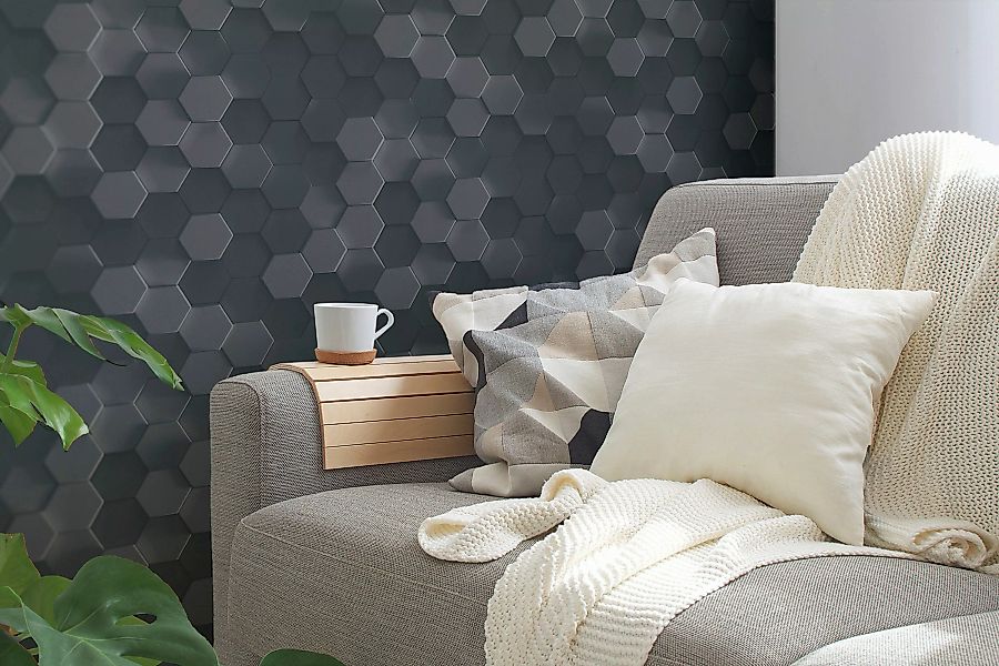 Bricoflor 3D Tapete anthrazit Ideal für Büro und Schlafzimmer Hexagon Tapet günstig online kaufen