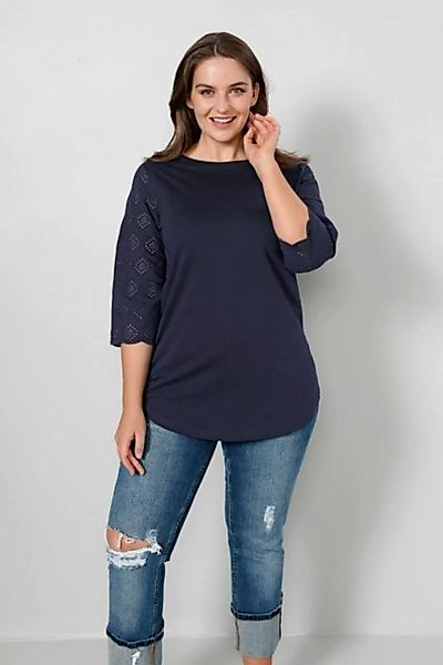 Sara Lindholm Rundhalsshirt Shirt mit Ärmel in Lochstickerei günstig online kaufen