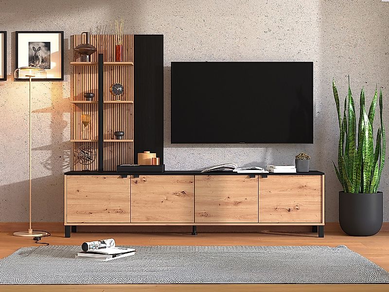 TV-Wand mit 4 Türen & 3 Regalen - Holzfarben & Schwarz - NUJA günstig online kaufen