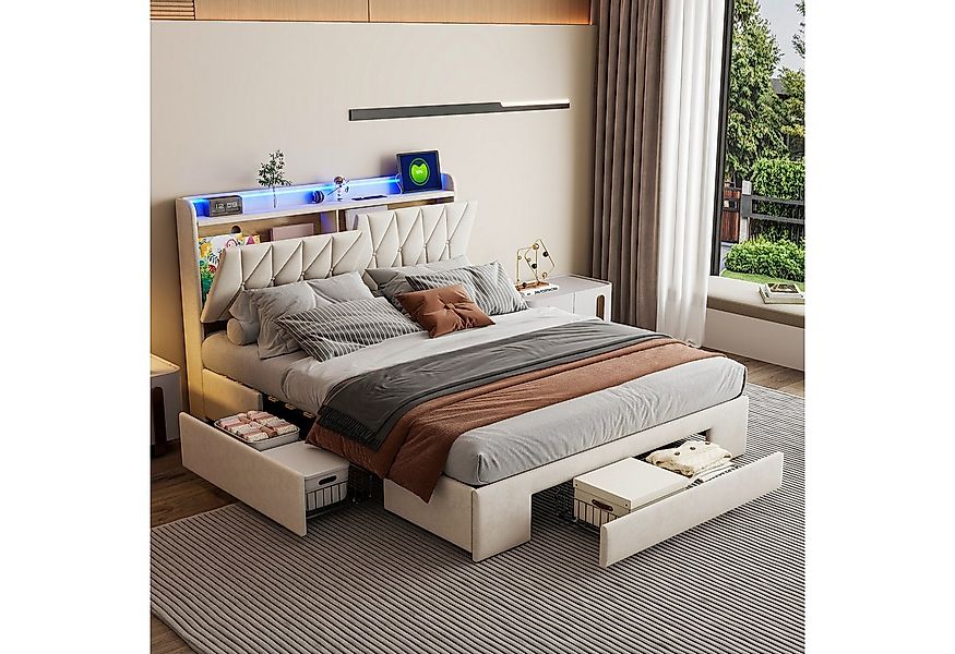 PXloue Polsterbett Stauraumbett mit Bettkasten LED Doppelbett, mit LED-Bele günstig online kaufen