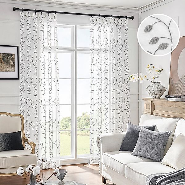 Qelus Vorhang Weiß Transparent mit Blattstickerei günstig online kaufen