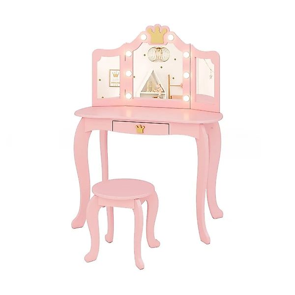 Costway Kinder Schminktisch mit Led & Dreifach Klappbarem Spiegel Rosa günstig online kaufen