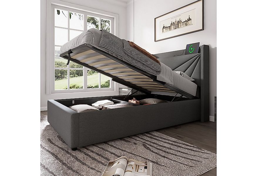 Flieks Polsterbett, Massivholz Stauraumbett mit USB/Typ-C Ladeanschluss 90x günstig online kaufen