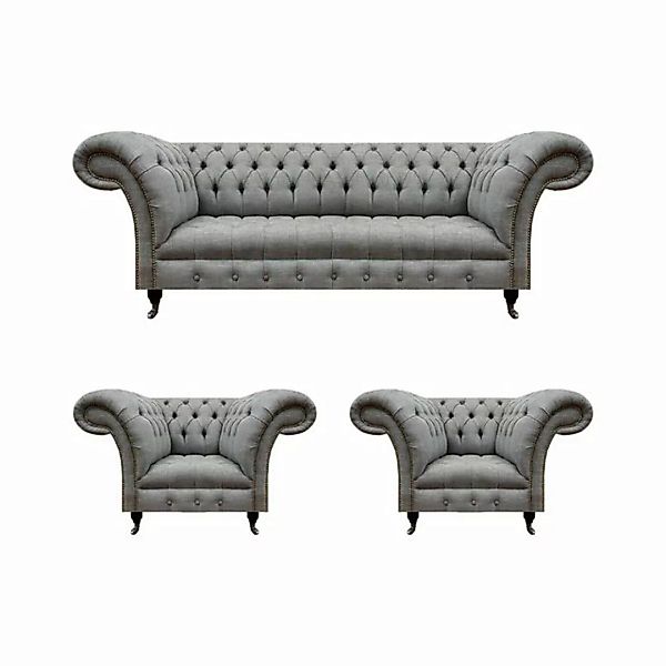 JVmoebel Chesterfield-Sofa Set 3tlg Chesterfield Sofas Grau Textil Polsterm günstig online kaufen