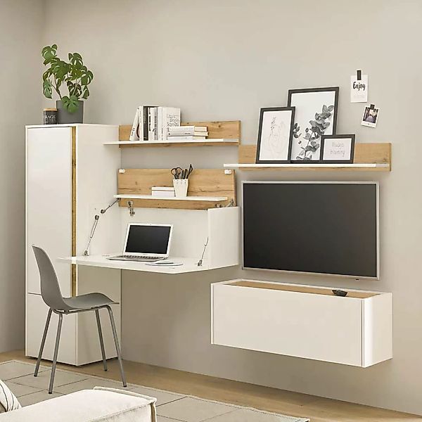 Schrankwand mit Schreibplatz in Weiß Wildeichefarben (fünfteilig) günstig online kaufen