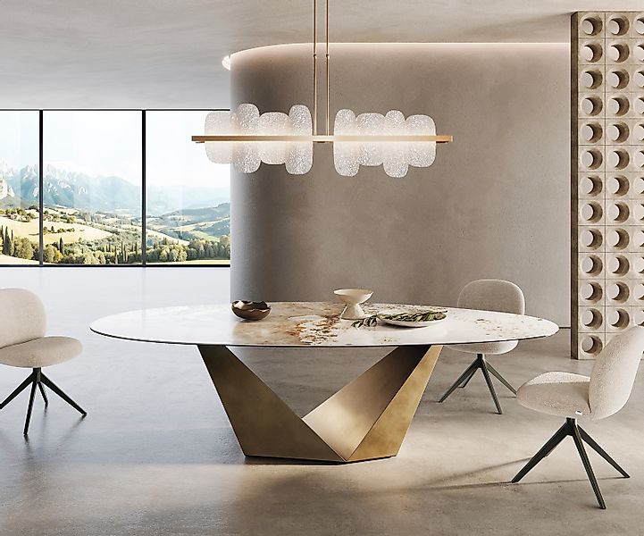 Esstisch Edge Oval 280x130 Keramik Minas Melange Weiß-Beige Prisma Metallic günstig online kaufen