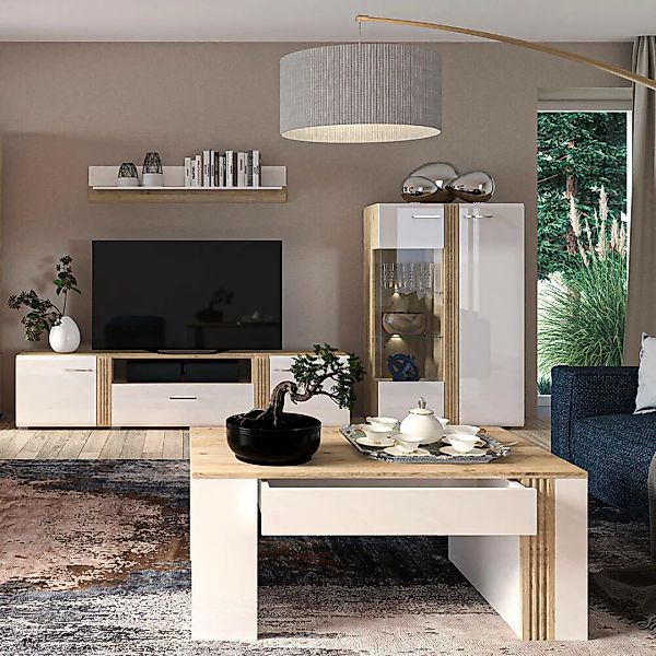 Wohnwand Set modern in Eiche Nb. AKRON-131 mit Fronten in Hochglanz weiß 4- günstig online kaufen