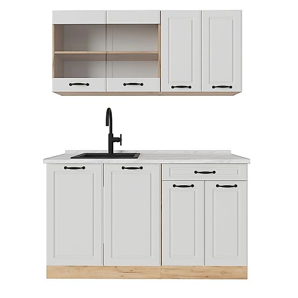 Vicco R-Line Singleküche Weiß Landhaus/Goldkraft Eiche 140 cm AP Marmor günstig online kaufen
