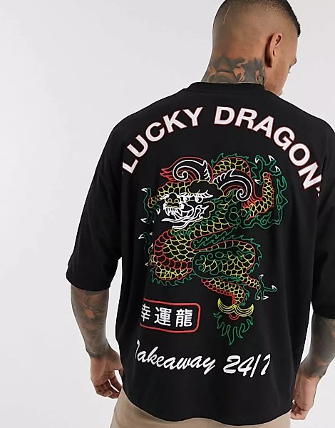 ASOS DESIGN – Oversize-T-Shirt mit rückwärtigem Drachenmotiv und gesticktem günstig online kaufen