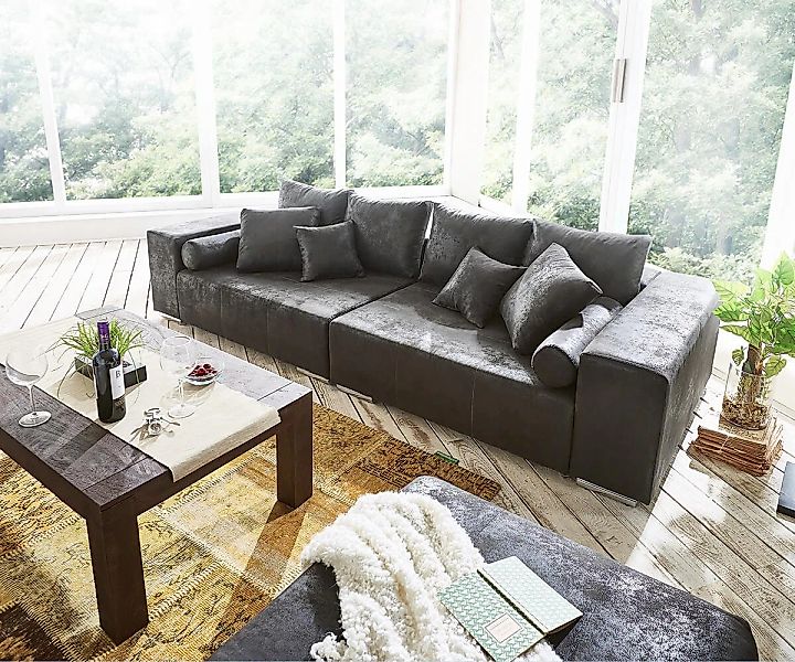 Big-Sofa Marbeya 285x115 cm Anthrazit Antik Optik Hocker günstig online kaufen