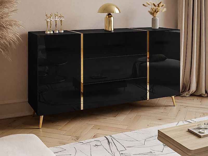 Sideboard mit 2 Türen & 3 Schubladen - Schwarz glänzend & Goldfarben - MARZ günstig online kaufen