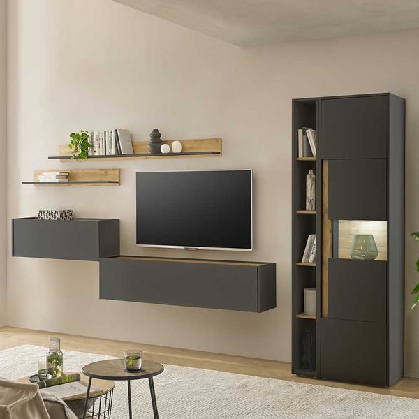 Design Wohnwand mit Schreibplatz in Anthrazit Wildeichefarben (sechsteilig) günstig online kaufen