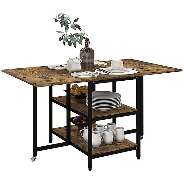 HOMCOM Esstisch Klappbar mit 2 Ablagen 140 x 80 cm Rollen Stahl Rustikal-Br günstig online kaufen