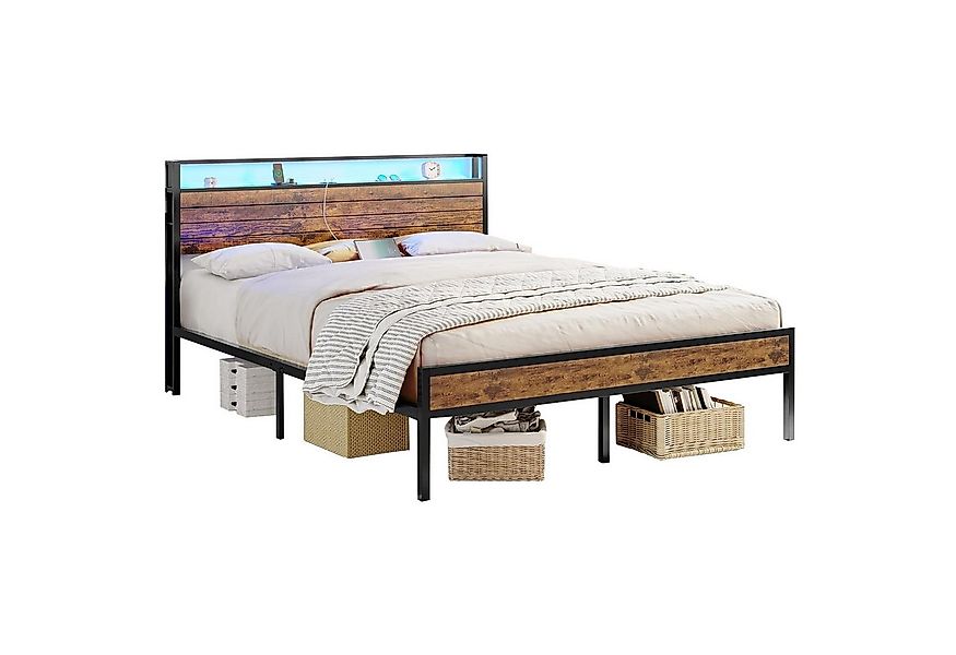 MSMASK Metallbett mit 3 USB-Anschlüssen und LED Beleuchtung, Vintage Braun günstig online kaufen