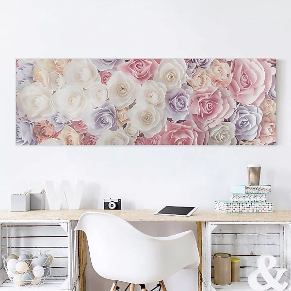 Leinwandbild - Panorama Pastell Paper Art Rosen günstig online kaufen