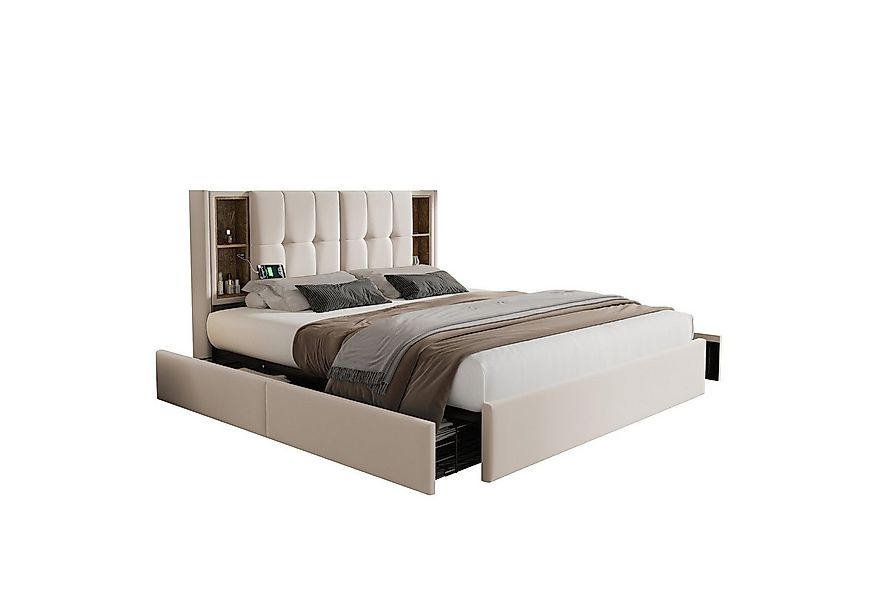 Flieks Polsterbett, Doppelbett 160x200cm Kabelloses Laden/USB/Typ-c & 4 Sch günstig online kaufen