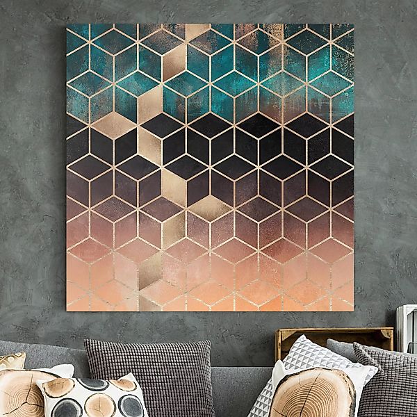 Leinwandbild Abstrakt - Quadrat Türkis Rosé goldene Geometrie günstig online kaufen