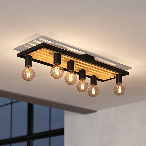 Deckenlampe Consett, schwarz/braun, Länge 78 cm, Holz, 6-flg günstig online kaufen