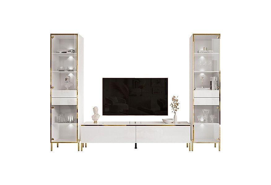ALLHOUSE24 Wohnzimmer-Set Möbelset PEONY GOLD mit LED weiß Hochglanz Glasvi günstig online kaufen