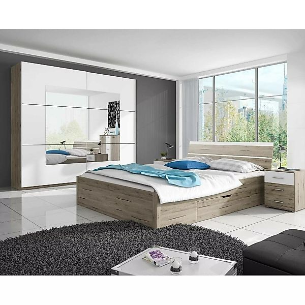 Moderne Schlafzimmer Möbelkombination mit Bett, 2 Nachttischen und Kleiders günstig online kaufen