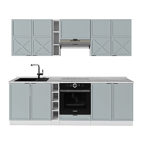 Vicco Fame-Line Küchenzeile Hellblau-grau/Weiß 235 cm AP Marmor ohne E-Gerä günstig online kaufen