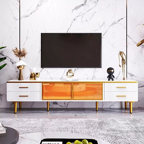 TV-Schrank 170x47 cm Weiß und Gold Glas Aluminium LED-Beleuchtung 4 Schubla günstig online kaufen