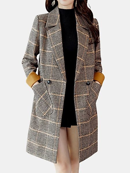 Taschen Plaid Print Revers Langarm Casual Jacke für Damen günstig online kaufen