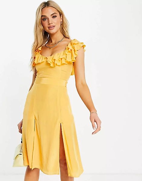 French Connection – Almedina – Kleid mit Rüschen am Ausschnitt in Orange günstig online kaufen