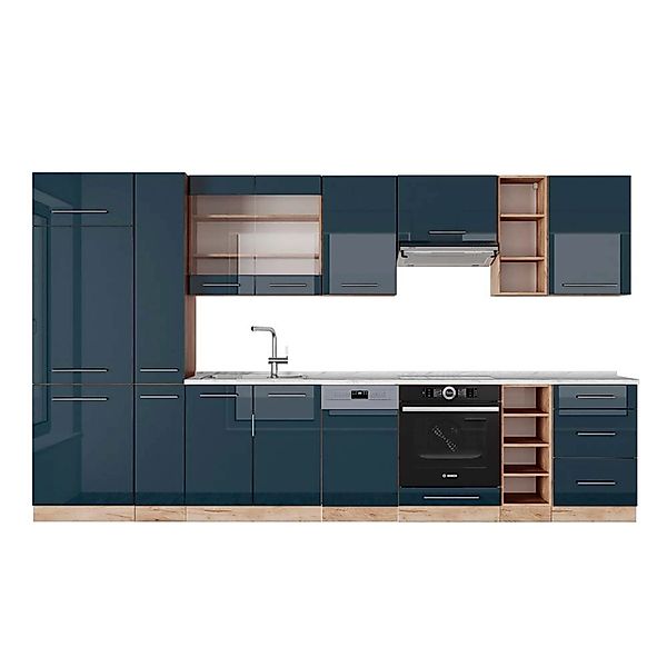 Vicco Fame-Line Küchenzeile Dunkelblau Hochglanz/Goldkraft Eiche 355 cm AP günstig online kaufen