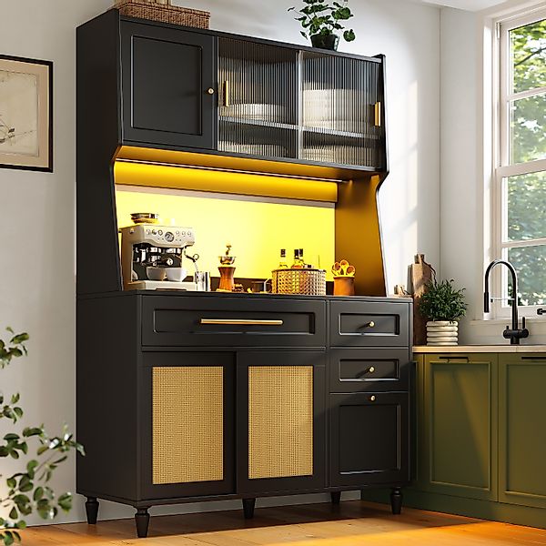 Flieks Küchenbuffet mit LED-Beleuchtung, Schubladen, Glas-&Rattan-Schiebetü günstig online kaufen
