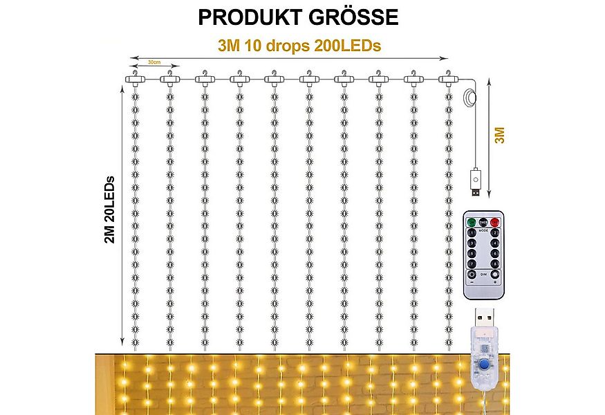 Jibenhome LED-Lichterkette USB LED Lichtervorhang 100/200/300 LEDs Wasserfa günstig online kaufen