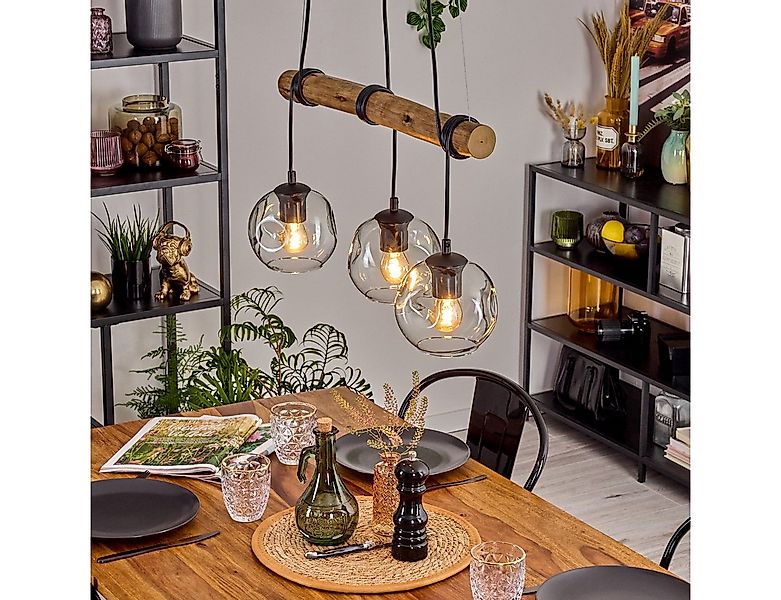 hofstein Pendelleuchte Hängelampe aus Metall/Holz/Glas in Schwarz/Natur/Kla günstig online kaufen